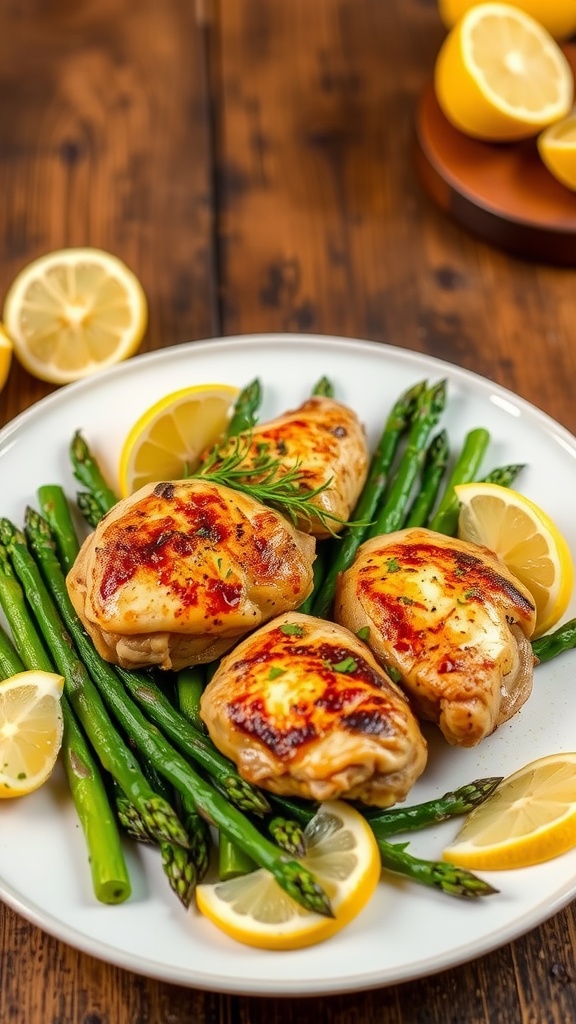 Oven-baked chicken thighs with asparagus and lemon wedges on a rustic wooden table.
